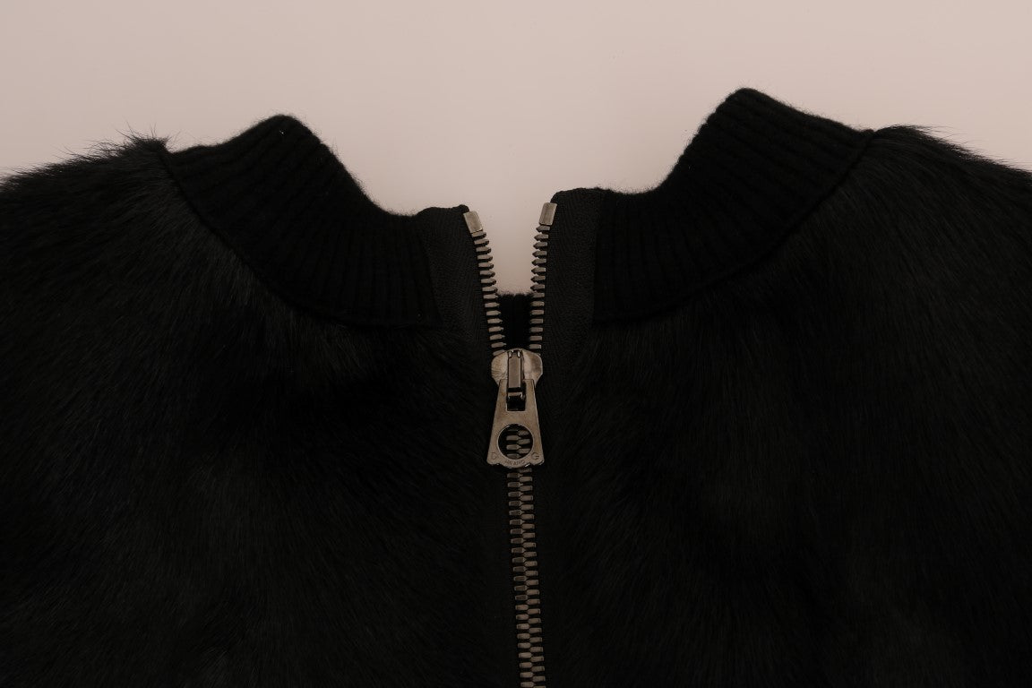 Dolce &amp; Gabbana – Schwarzer Pullover mit Reißverschluss aus Brokat mit Blumenmuster und Pelz
