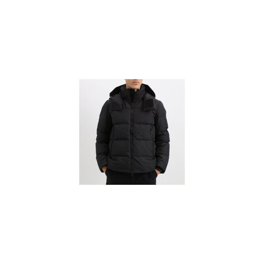 Schwarze Polyester-Herrenjacke mit abnehmbarer Kapuze hinzufügen