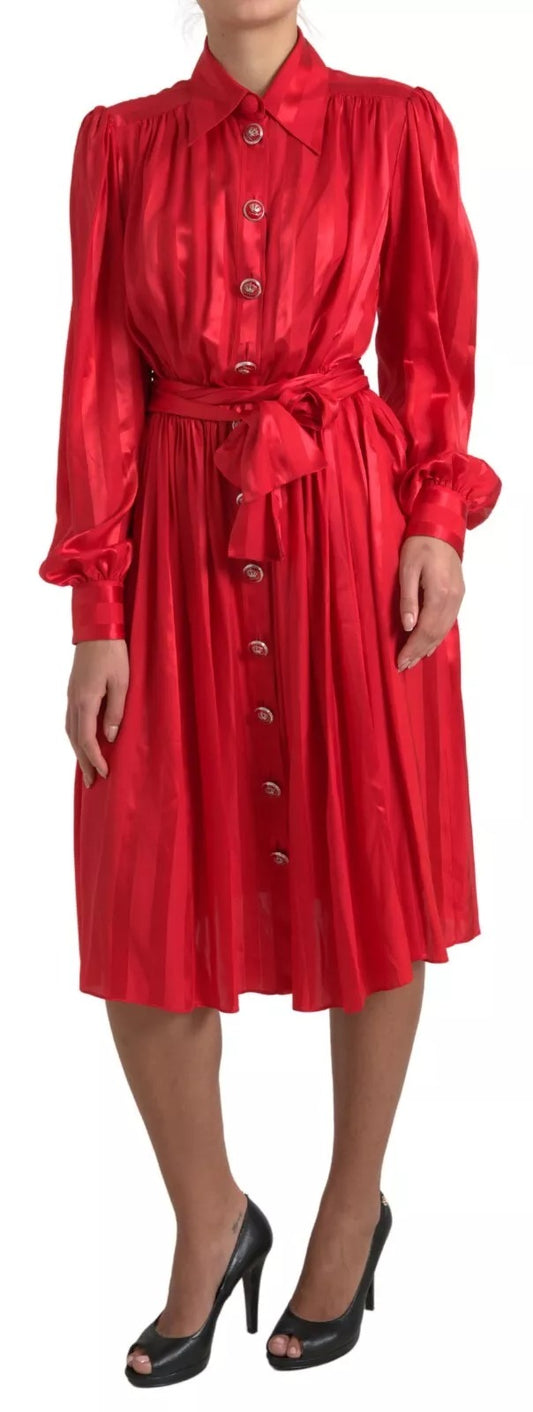Dolce &amp; Gabbana – Rotes Midikleid aus Satinseide mit Knopfleiste und Gürtel