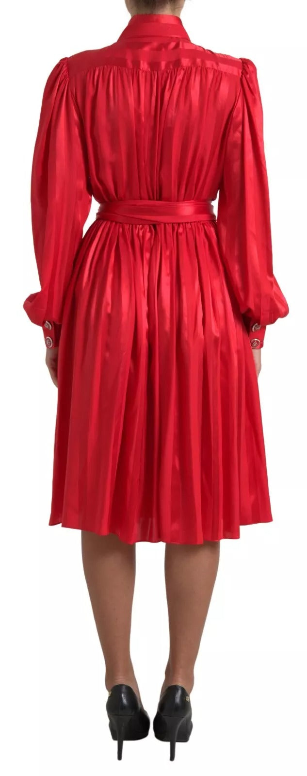 Dolce &amp; Gabbana – Rotes Midikleid aus Satinseide mit Knopfleiste und Gürtel