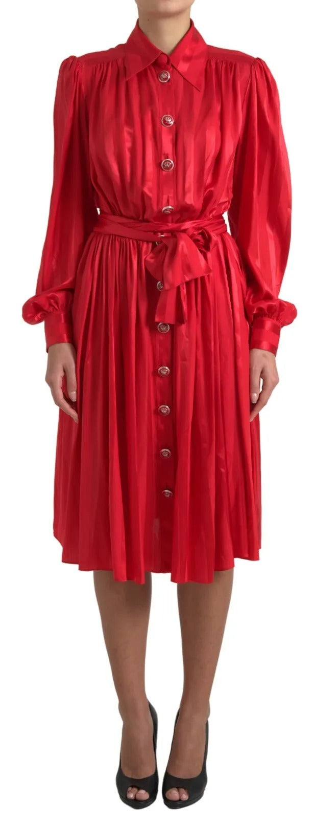 Dolce &amp; Gabbana – Rotes Midikleid aus Satinseide mit Knopfleiste und Gürtel
