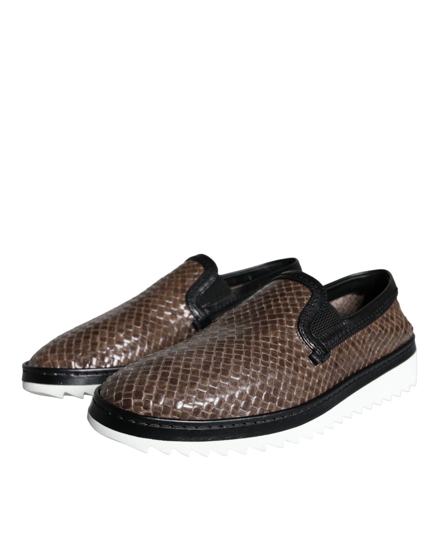 Dolce &amp; Gabbana Brown Black Leather Weaved Men Loafers Shoes