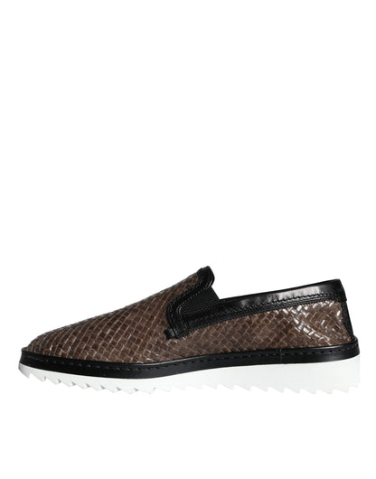 Dolce &amp; Gabbana Brown Black Leather Weaved Men Loafers Shoes