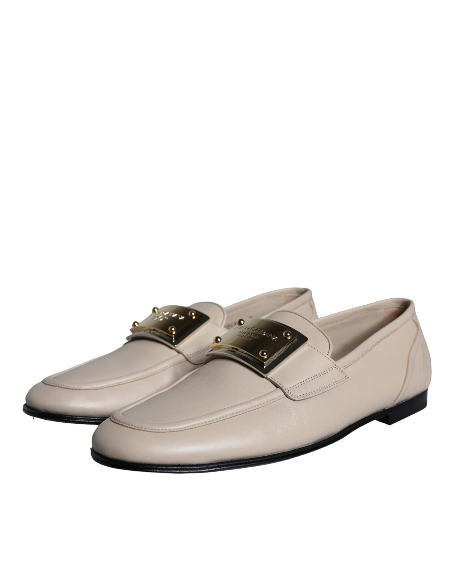 Dolce &amp; Gabbana Beige Leather Logo Plaque Slip On Men Loafers Shoes