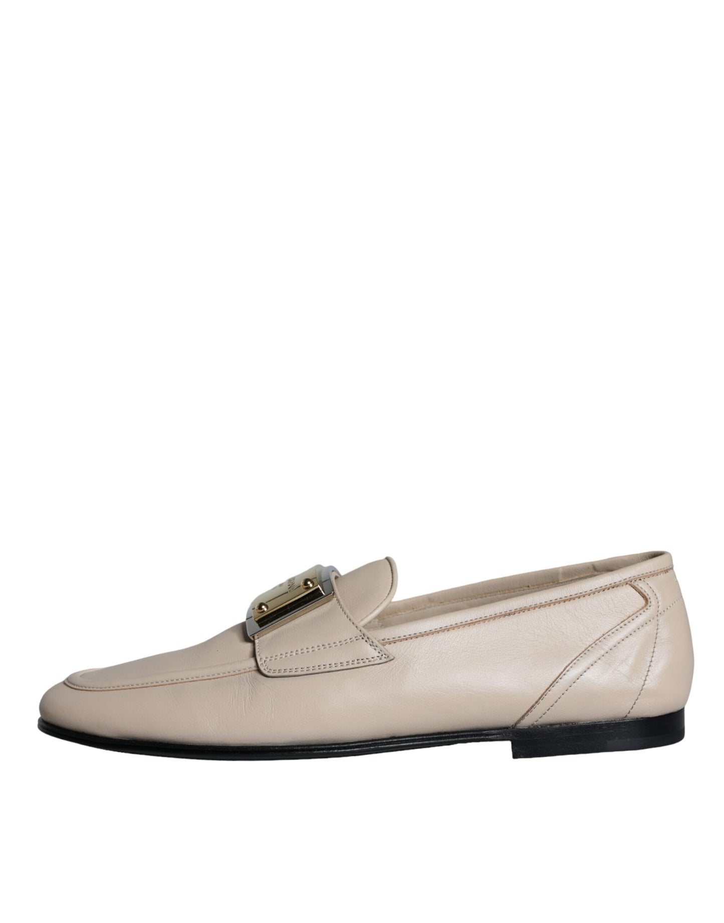 Dolce &amp; Gabbana Beige Leather Logo Plaque Slip On Men Loafers Shoes