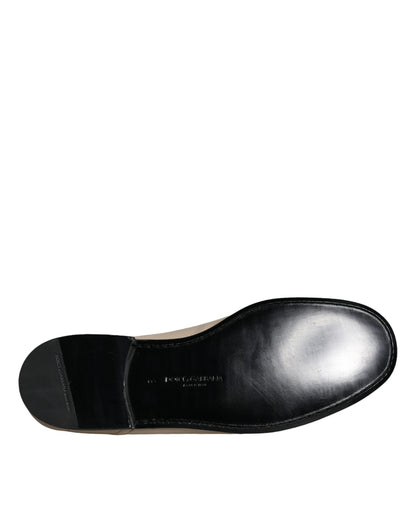 Dolce &amp; Gabbana Beige Leather Logo Plaque Slip On Men Loafers Shoes