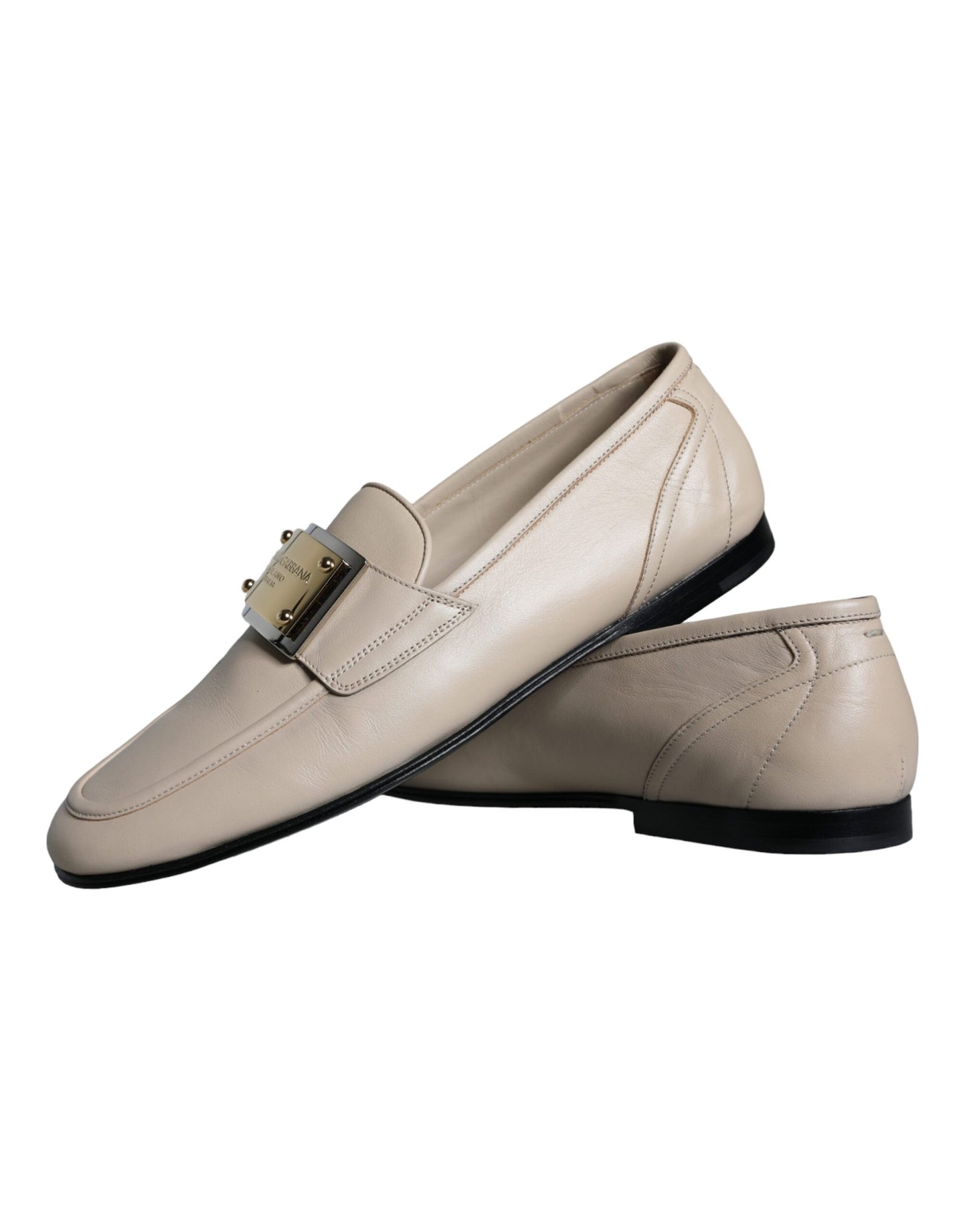 Dolce &amp; Gabbana Beige Leather Logo Plaque Slip On Men Loafers Shoes