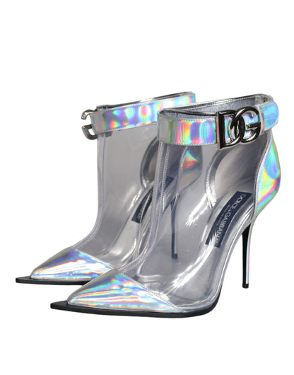 Dolce &amp; Gabbana Silver Iridescent PVC Pointed Short Boots Shoes