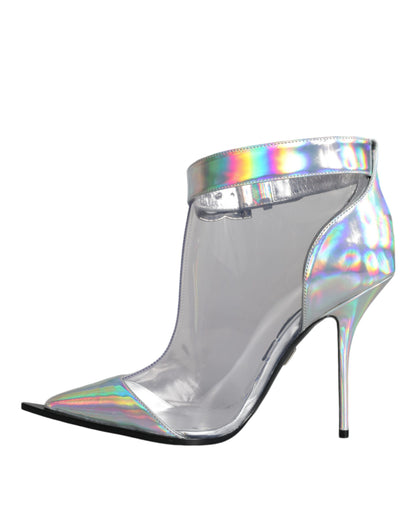 Dolce &amp; Gabbana Silver Iridescent PVC Pointed Short Boots Shoes