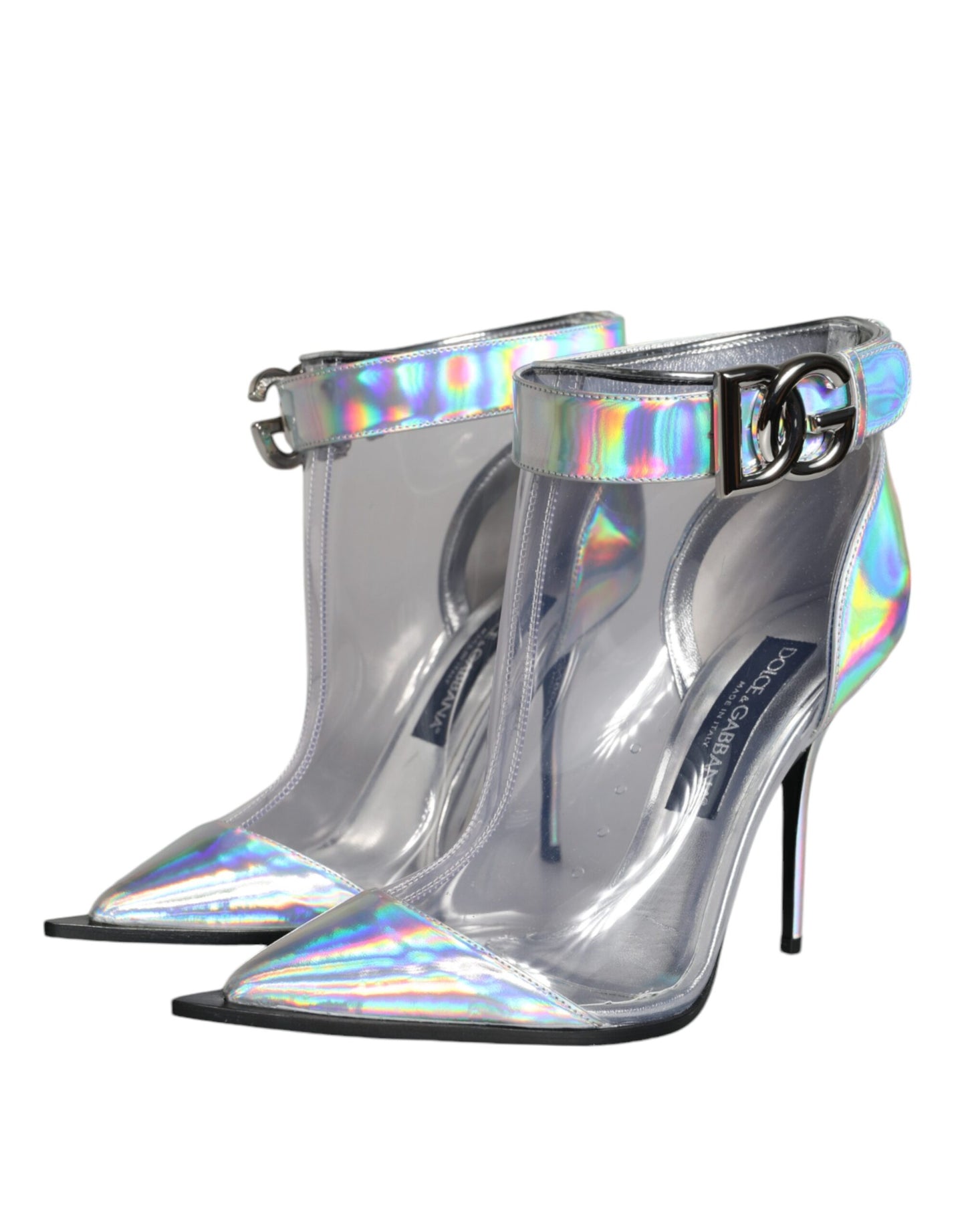 Dolce &amp; Gabbana Silver Iridescent PVC Pointed Short Boots Shoes