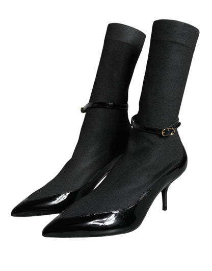 Dolce &amp; Gabbana Black Leather Stilettos Booties Socks Shoes