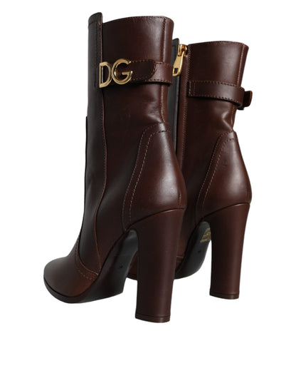 Dolce &amp; Gabbana Brown Leather Heels Mid Calf Boots Shoes