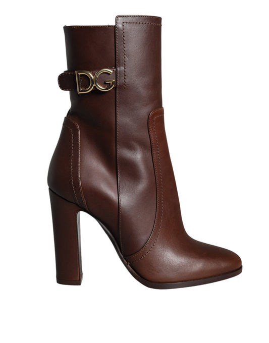 Dolce &amp; Gabbana Brown Leather Heels Mid Calf Boots Shoes