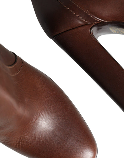 Dolce &amp; Gabbana Brown Leather Heels Mid Calf Boots Shoes