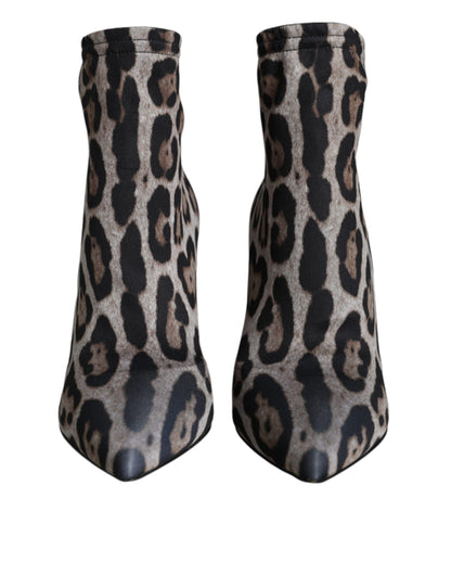 Dolce &amp; Gabbana Gray Leopard Stretch Heels Ankle Boots Shoes