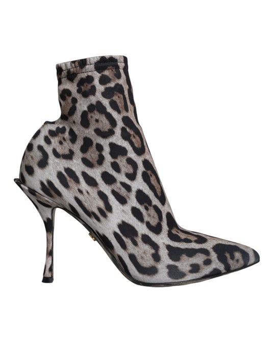 Dolce &amp; Gabbana Gray Leopard Stretch Heels Ankle Boots Shoes