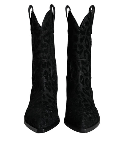 Dolce &amp; Gabbana Black Gray Leopard Cowboy Boots Shoes