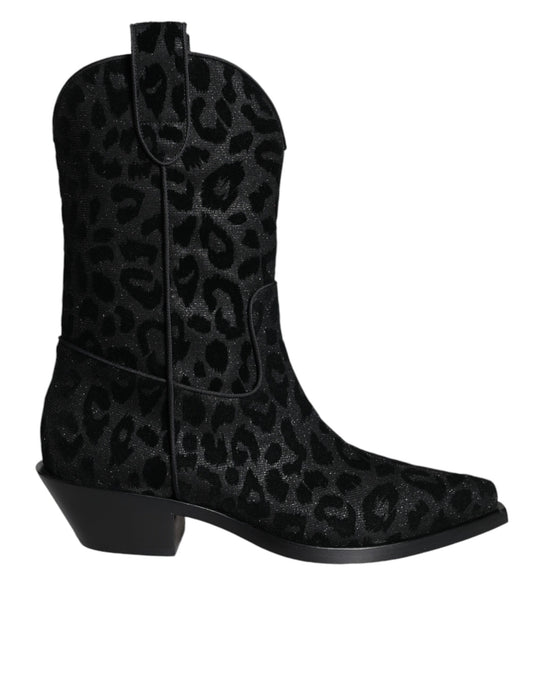 Dolce &amp; Gabbana Black Gray Leopard Cowboy Boots Shoes