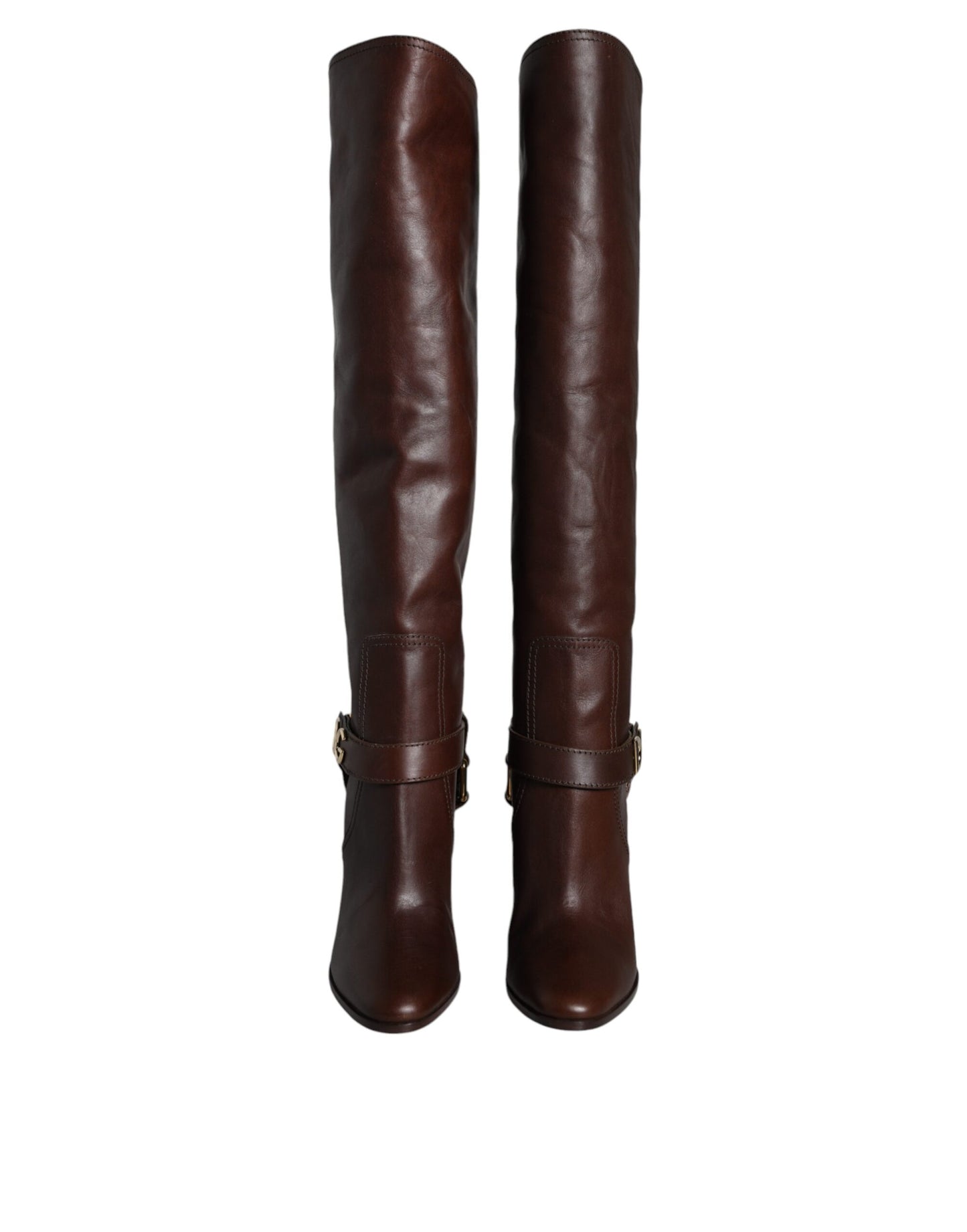 Dolce &amp; Gabbana Brown Leather Gold Tone Logo High Boots Shoes