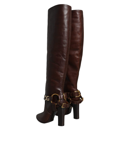 Dolce &amp; Gabbana Brown Leather Gold Tone Logo High Boots Shoes
