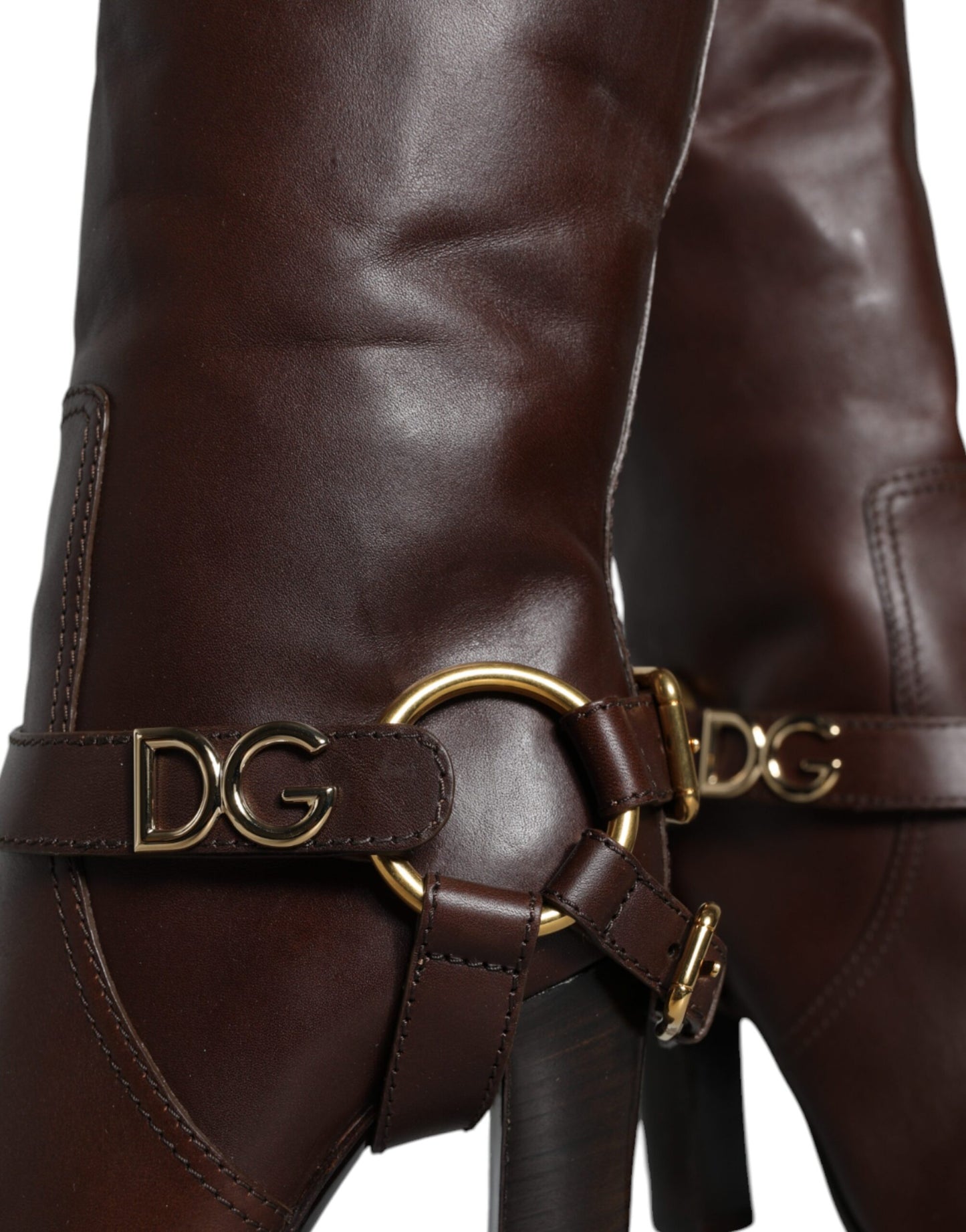 Dolce &amp; Gabbana Brown Leather Gold Tone Logo High Boots Shoes