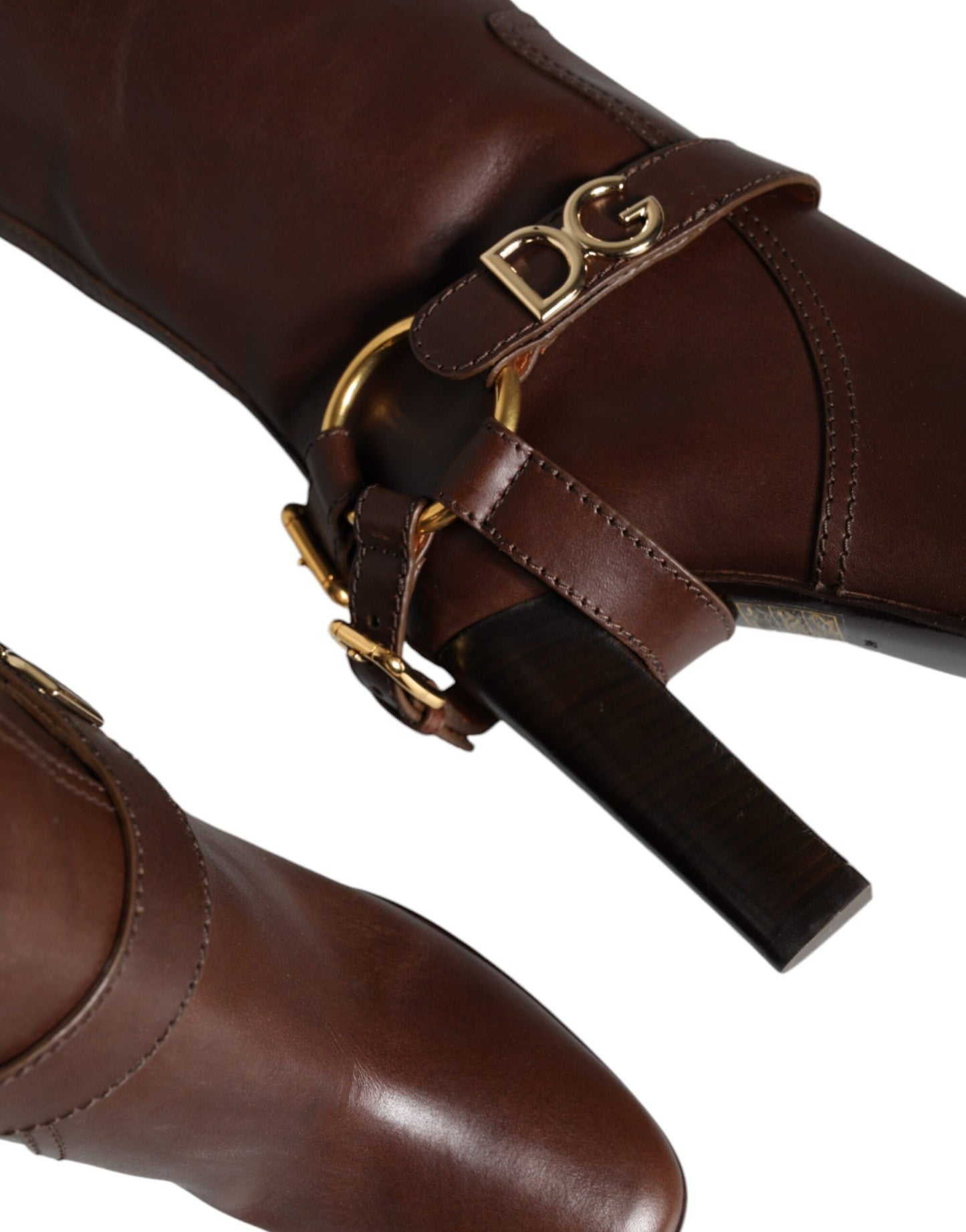 Dolce &amp; Gabbana Brown Leather Gold Tone Logo High Boots Shoes