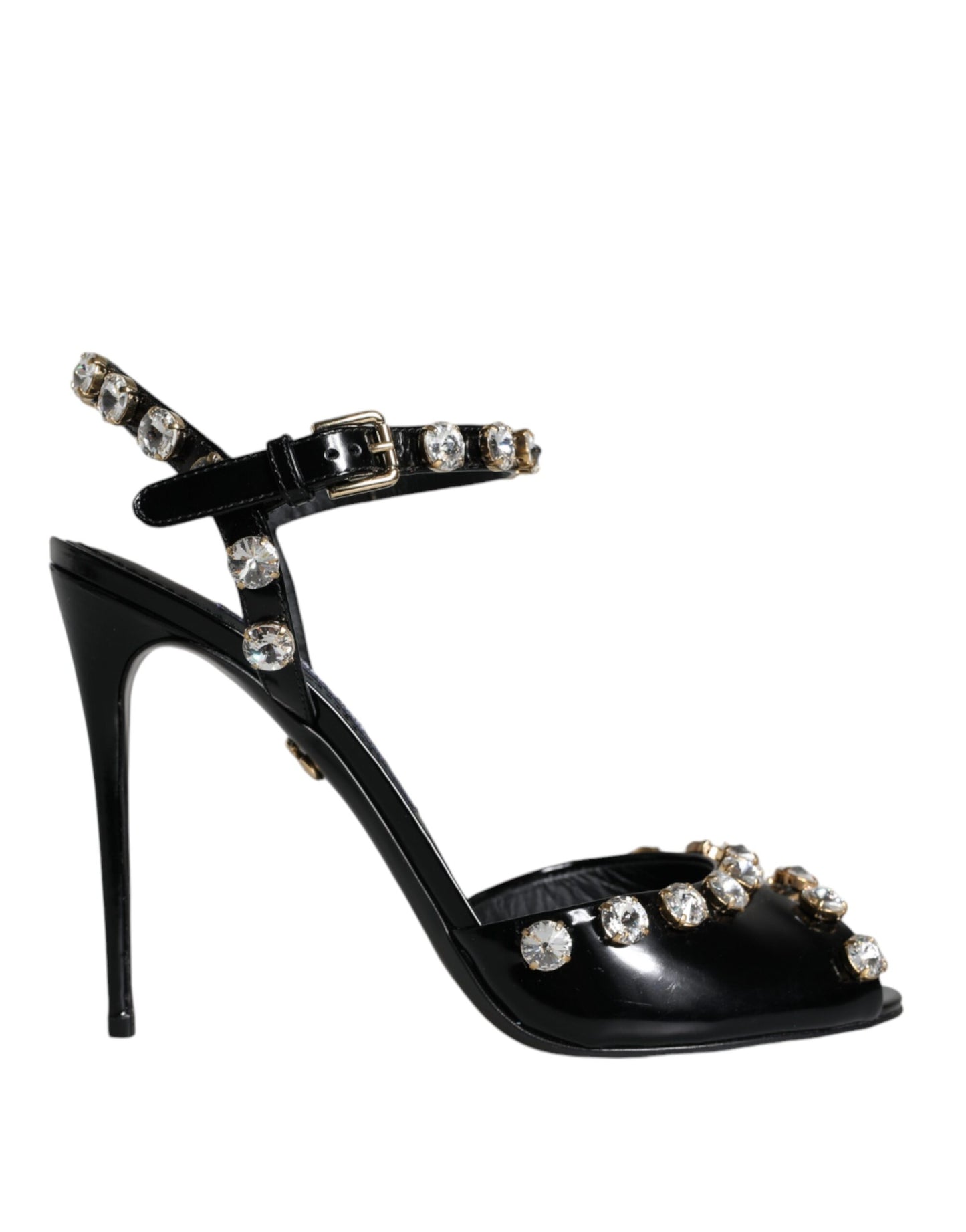 Dolce &amp; Gabbana Schwarze Ledersandalen mit Knöchelriemen und Kristallen