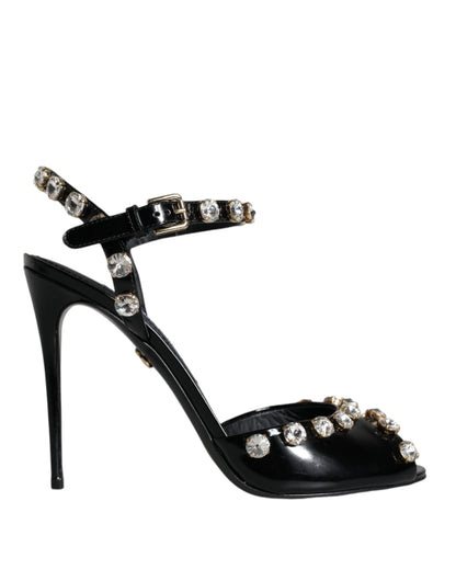 Dolce &amp; Gabbana Schwarze Ledersandalen mit Knöchelriemen und Kristallen