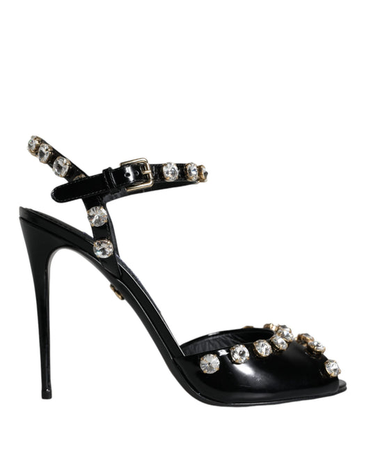 Dolce &amp; Gabbana Schwarze Ledersandalen mit Knöchelriemen und Kristallen