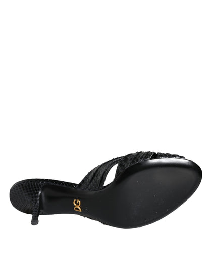 Dolce &amp; Gabbana Schwarze Leder Heels Slides Sandalen Schuhe