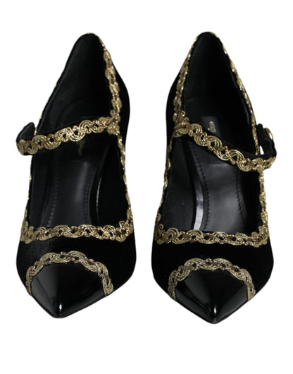 Dolce &amp; Gabbana Schwarze Mary Janes Samt Gold Pumps Schuhe