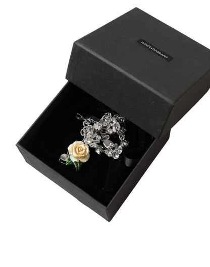 Dolce &amp; Gabbana – Halskette mit Rosenanhänger aus silbernem Messing mit durchsichtigen Kristallen