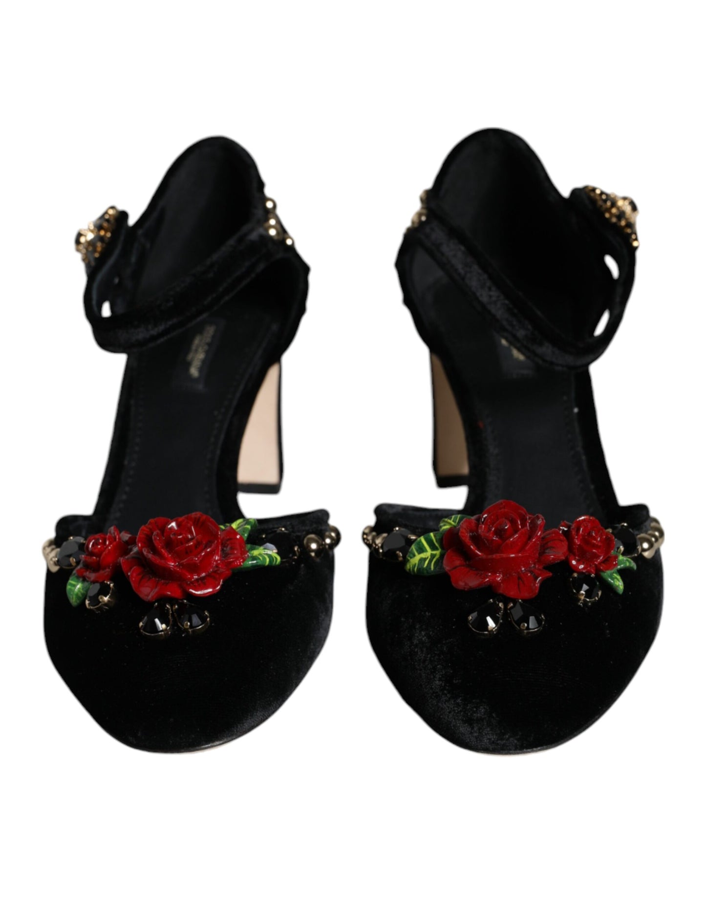 Dolce &amp; Gabbana – Pumps mit Knöchelriemen und Rosenmuster in Schwarz aus Samt