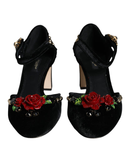Dolce &amp; Gabbana – Pumps mit Knöchelriemen und Rosenmuster in Schwarz aus Samt