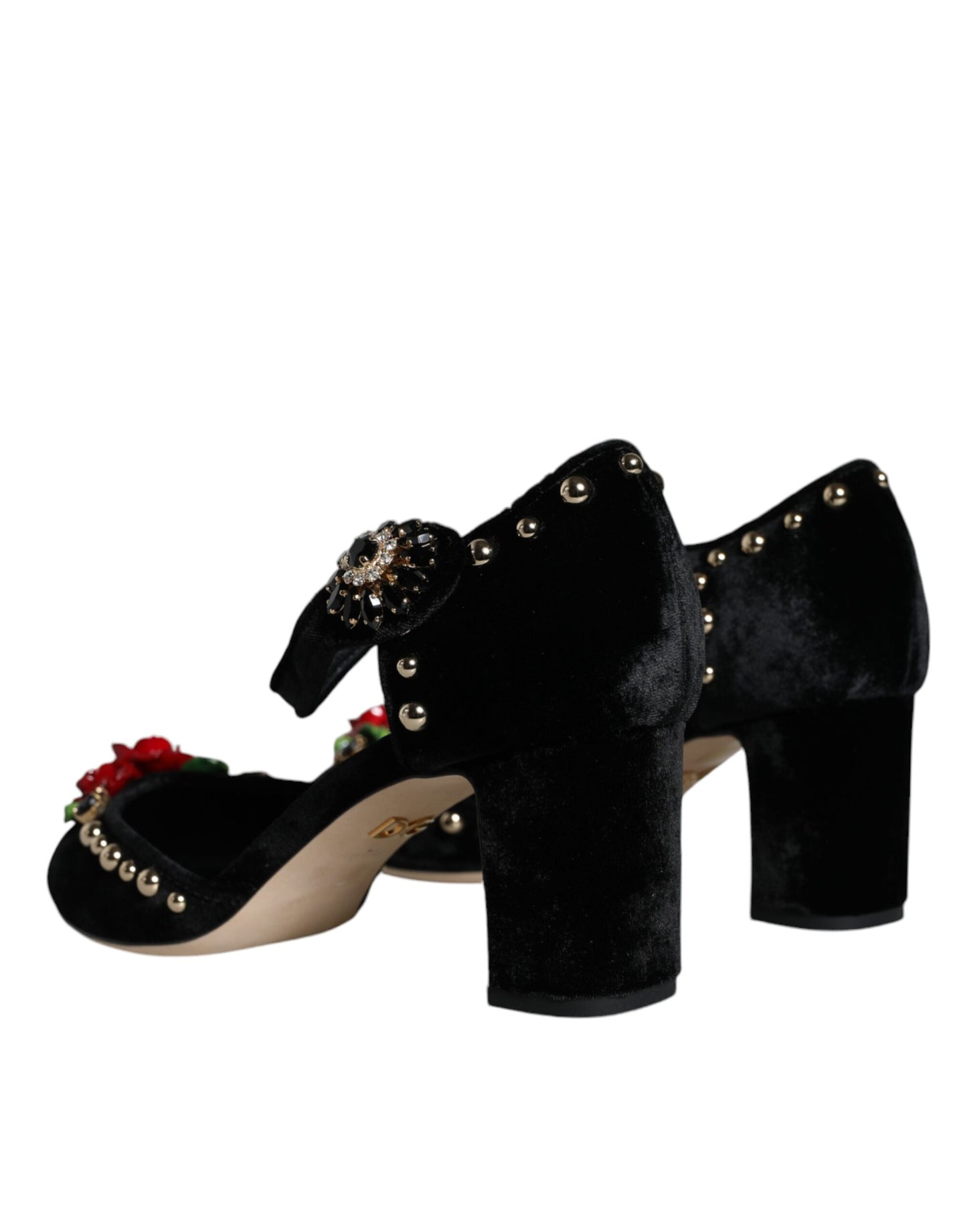 Dolce &amp; Gabbana – Pumps mit Knöchelriemen und Rosenmuster in Schwarz aus Samt