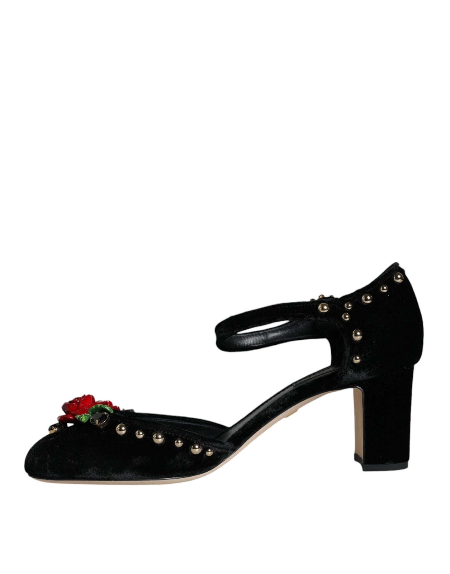 Dolce &amp; Gabbana – Pumps mit Knöchelriemen und Rosenmuster in Schwarz aus Samt