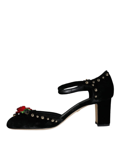 Dolce &amp; Gabbana – Pumps mit Knöchelriemen und Rosenmuster in Schwarz aus Samt