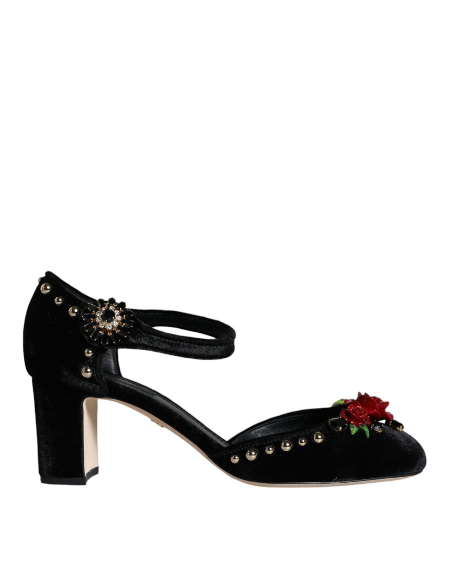 Dolce &amp; Gabbana – Pumps mit Knöchelriemen und Rosenmuster in Schwarz aus Samt