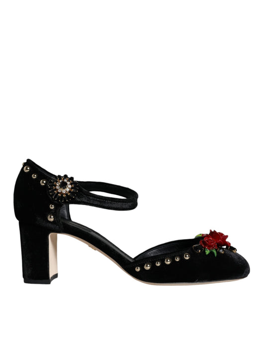 Dolce &amp; Gabbana – Pumps mit Knöchelriemen und Rosenmuster in Schwarz aus Samt
