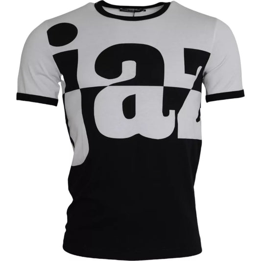 Dolce &amp; Gabbana – Kurzärmliges Baumwoll-T-Shirt mit Jazz-Print in Schwarz und Weiß