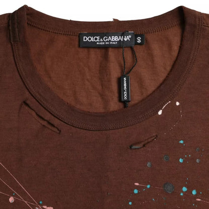 Dolce &amp; Gabbana Braunes T-Shirt aus Baumwolle mit Farbspritzern und Rundhalsausschnitt