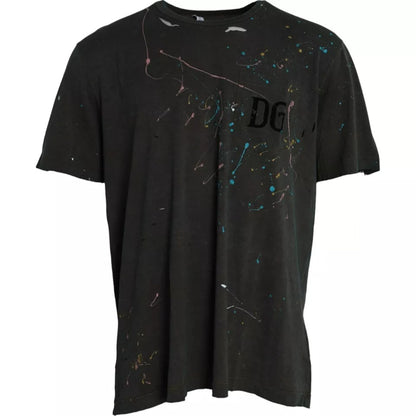 Dolce &amp; Gabbana Graues T-Shirt aus Baumwolle mit Farbspritzern und Rundhalsausschnitt