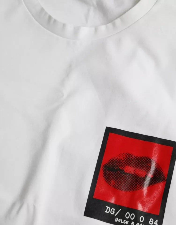Dolce &amp; Gabbana – Weißes Herren-T-Shirt aus Baumwolle mit rotem Lippen-Print