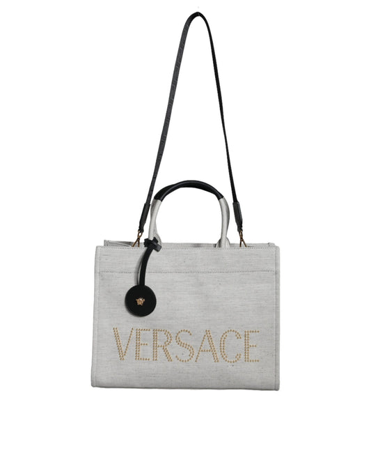 Versace – Weiße Umhängetasche aus Canvas und Leder mit Logo am oberen Griff