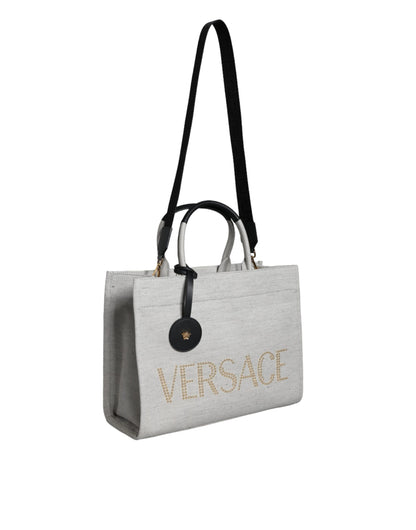 Versace – Weiße Umhängetasche aus Canvas und Leder mit Logo am oberen Griff