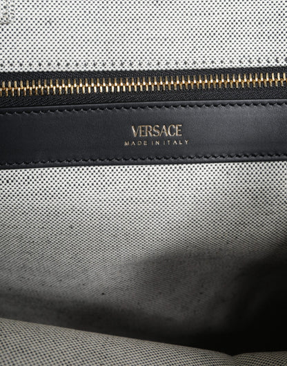 Versace – Weiße Umhängetasche aus Canvas und Leder mit Logo am oberen Griff
