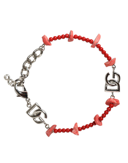 Dolce &amp; Gabbana – Silberfarbenes Kettenarmband mit DG-Logo aus Messing und Harzperlen