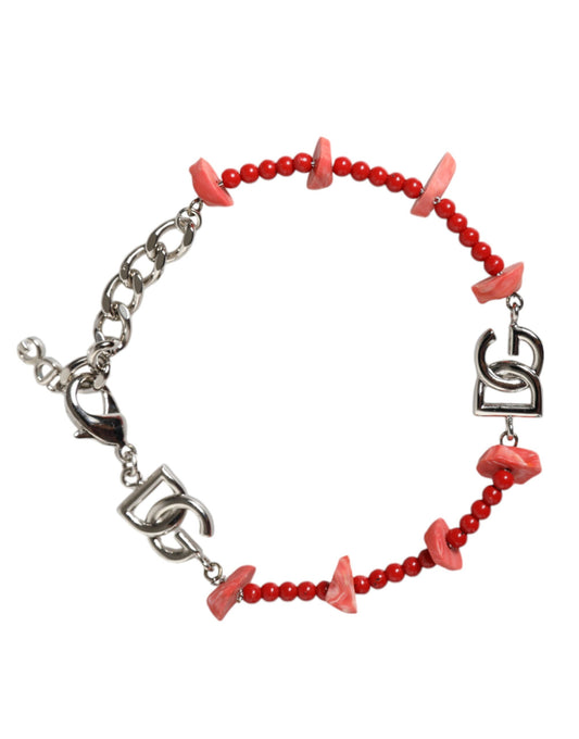 Dolce &amp; Gabbana – Silberfarbenes Kettenarmband mit DG-Logo aus Messing und Harzperlen