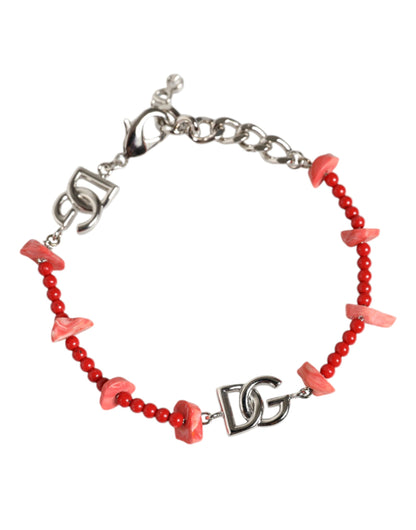 Dolce &amp; Gabbana – Silberfarbenes Kettenarmband mit DG-Logo aus Messing und Harzperlen