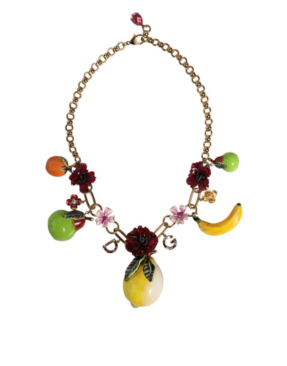 Dolce &amp; Gabbana Halskette mit Fruchtanhängern und Blumen und Kristalllogo aus goldenem Messing